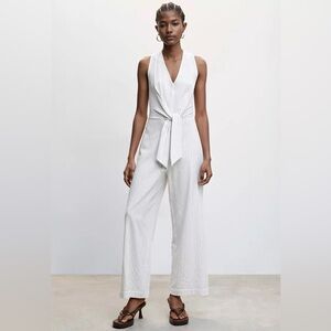 Mango Dalas Pinstripe Striped Midi Jumpsuit with Tie Knot Detail L